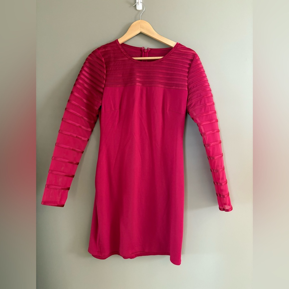 Halston Heritage Cranberry Mesh Long Sleeve Dress